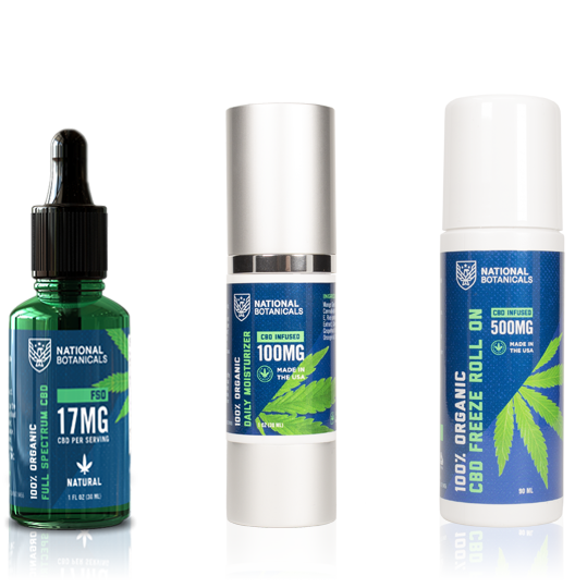 Quality CBD Products including Full Spectrum CBD Oil 17MG Natural Flavor, CBD Daily Moisturizer 100MG CBD Infused, CBD Freeze Roll On 500MG CBD Infused from National Botanicals